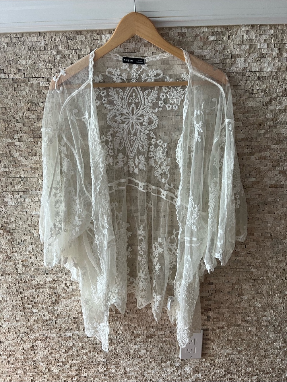 Shein Cream Floral Lace Kimono Robe